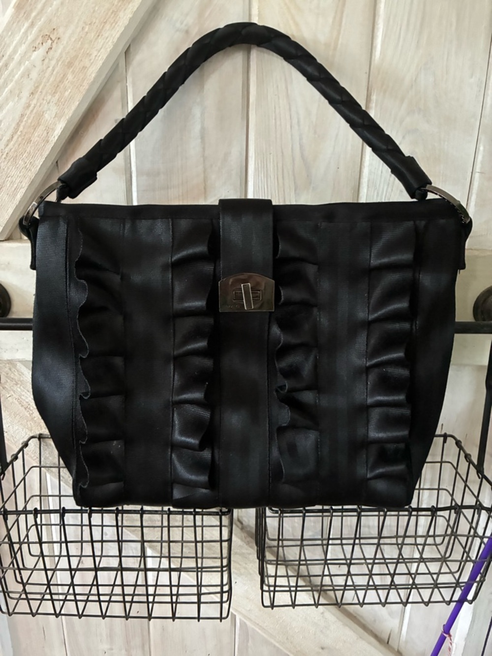 Black Ruffle Shoulder Bag with Braided Handle
